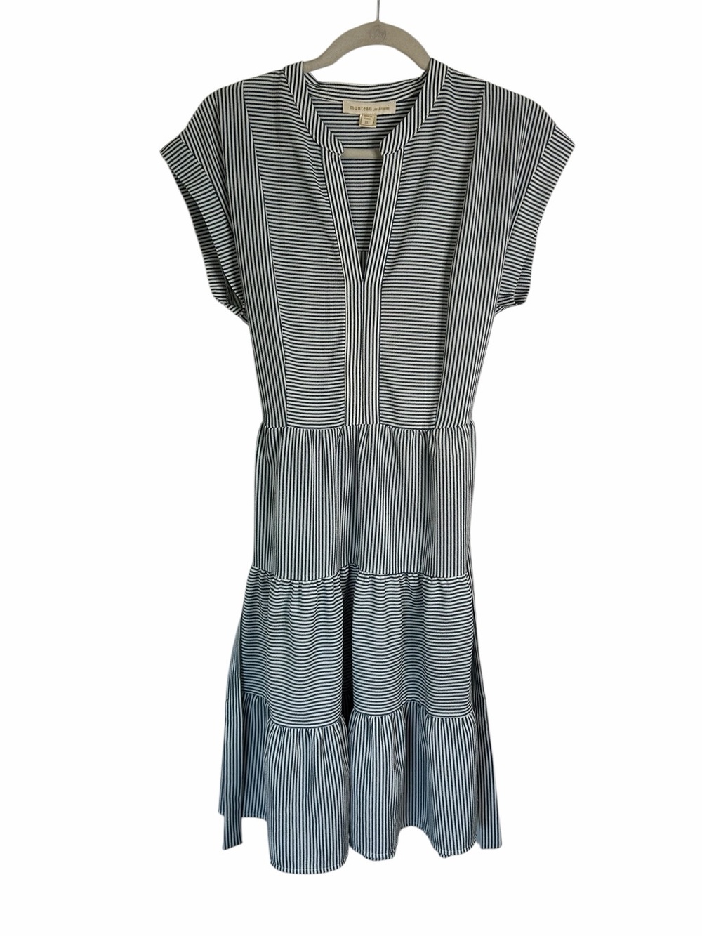 Monteau Los Angeles Blue White Stripe A-Line Dress Tiered Belted Womens Sz XL